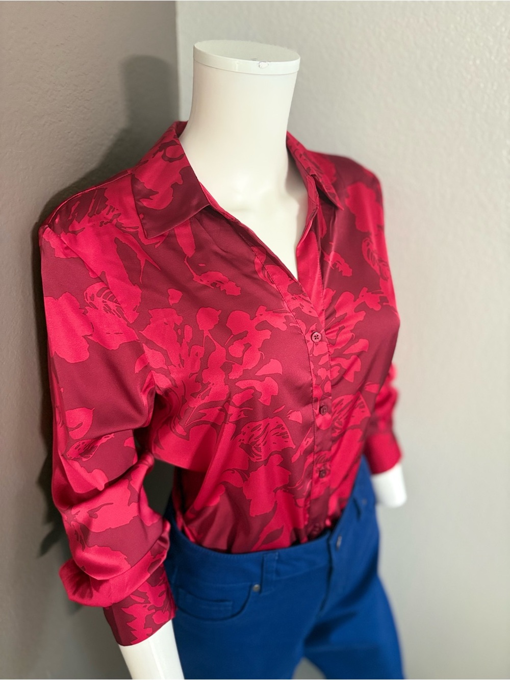 Women's Red Floral Button-Down Shirt